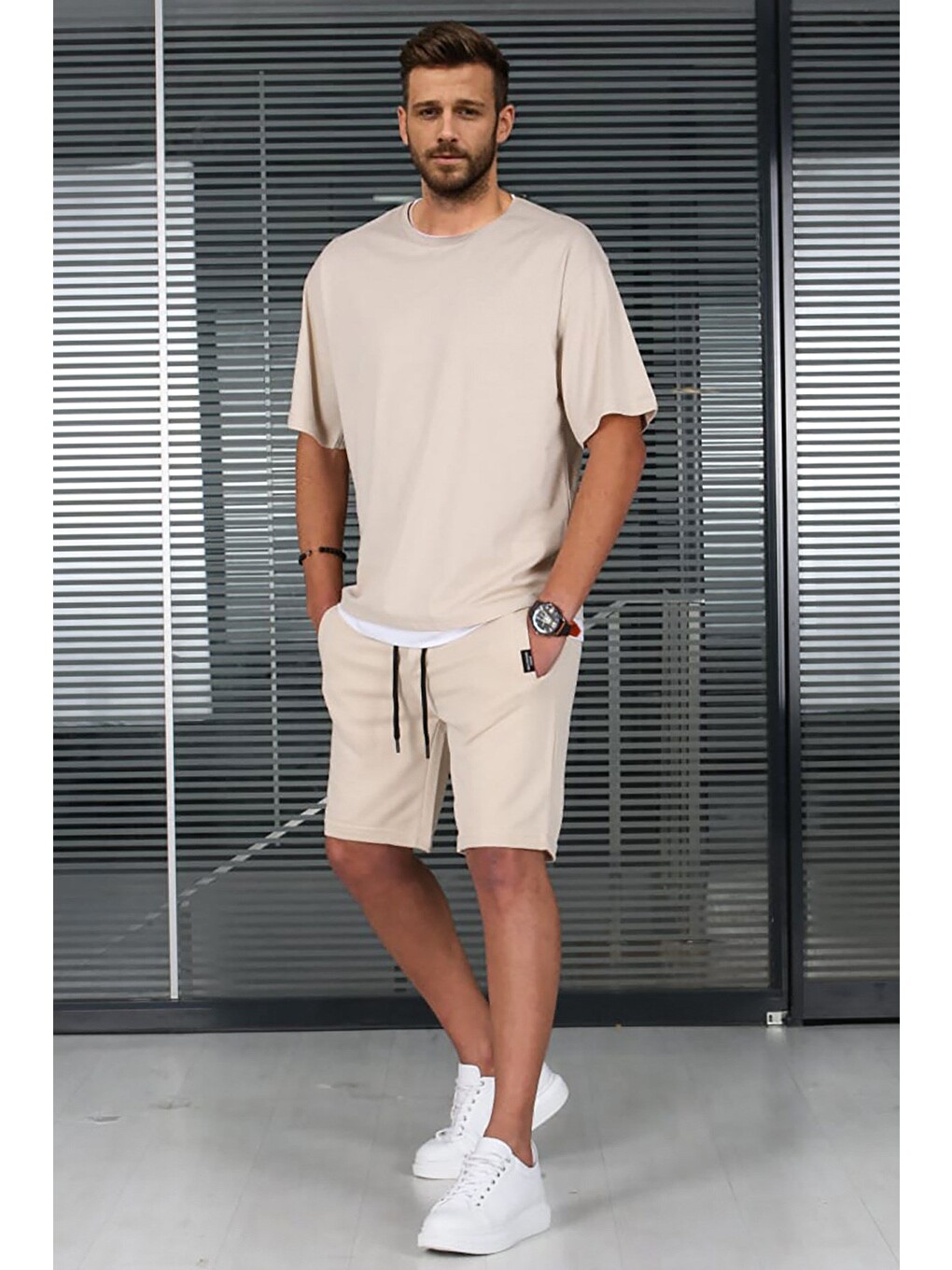 Bej Oversize Erkek Şort Takımı 5668-2