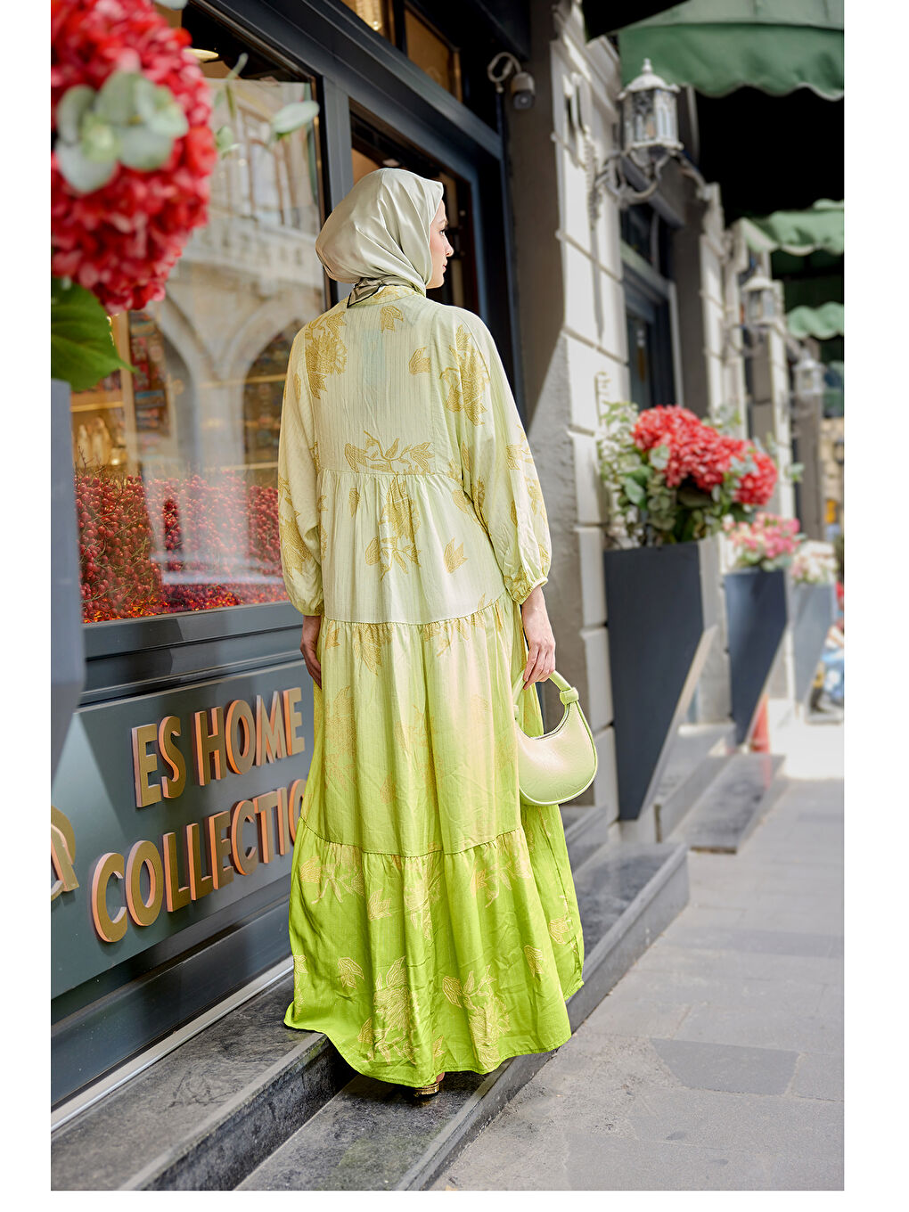 Kadın Yaldız Yaprak Desenli Elbise Fıstık Yeşil-4