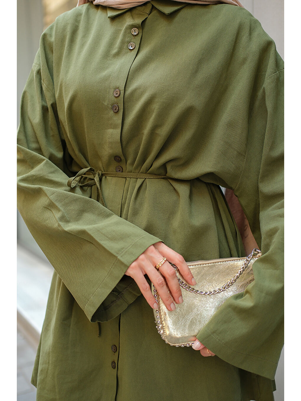 Kadın Çift Düğme Detaylı Takım Haki Yeşil-3
