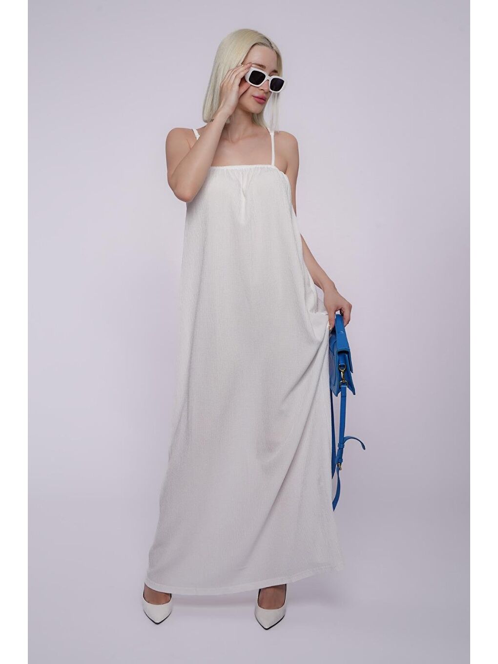 Beyaz Askılı Uzun Salaş Bürümcük Elbise Mg1720-7