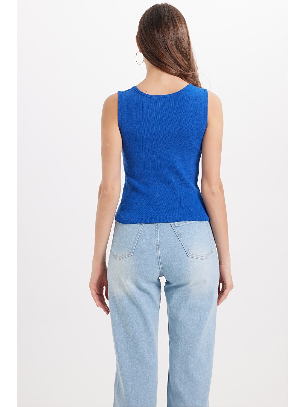 Kadın Slim Fit Dar Kesim Askılı Kare Yaka Pamuklu Saks Mavi Crop Atlet-6