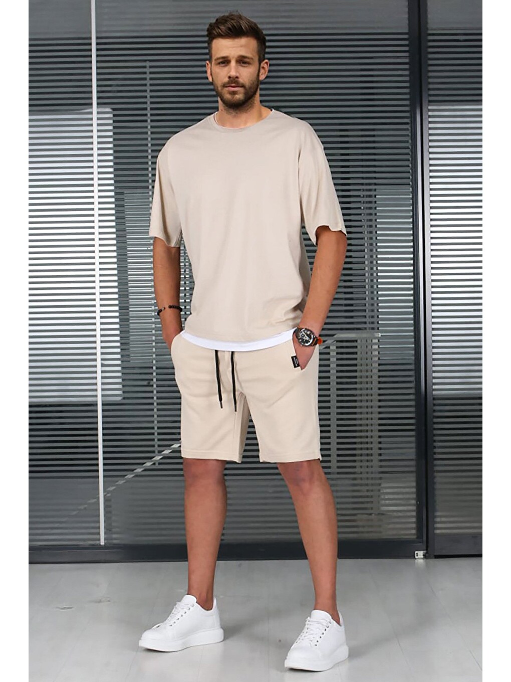Bej Oversize Erkek Şort Takımı 5668-3