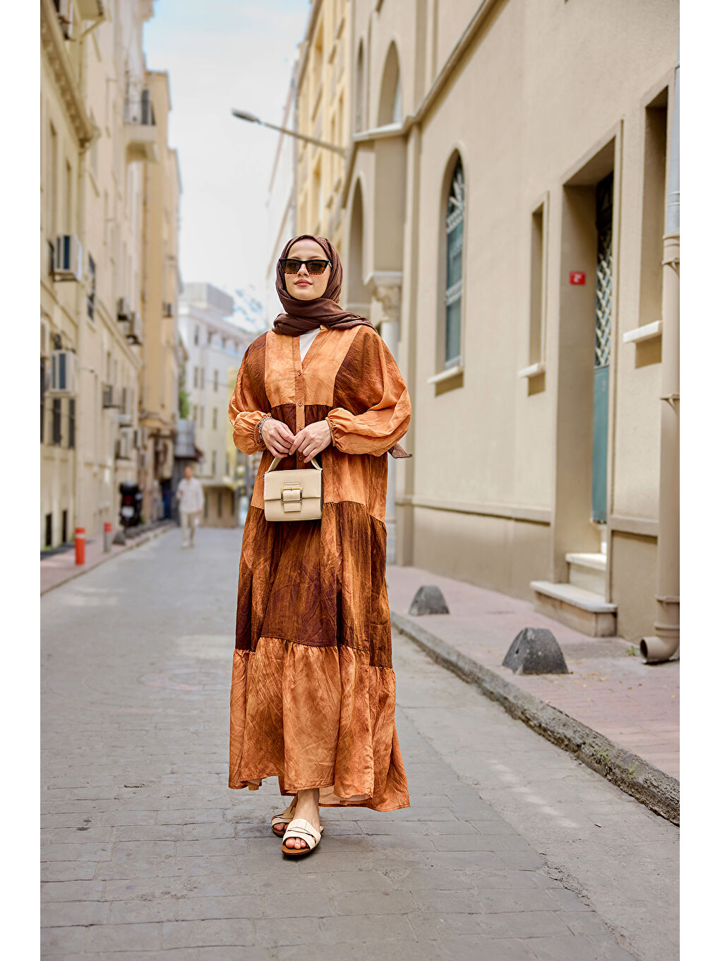 Kadın Tonsürton Desen Elbise Kahverengi-1