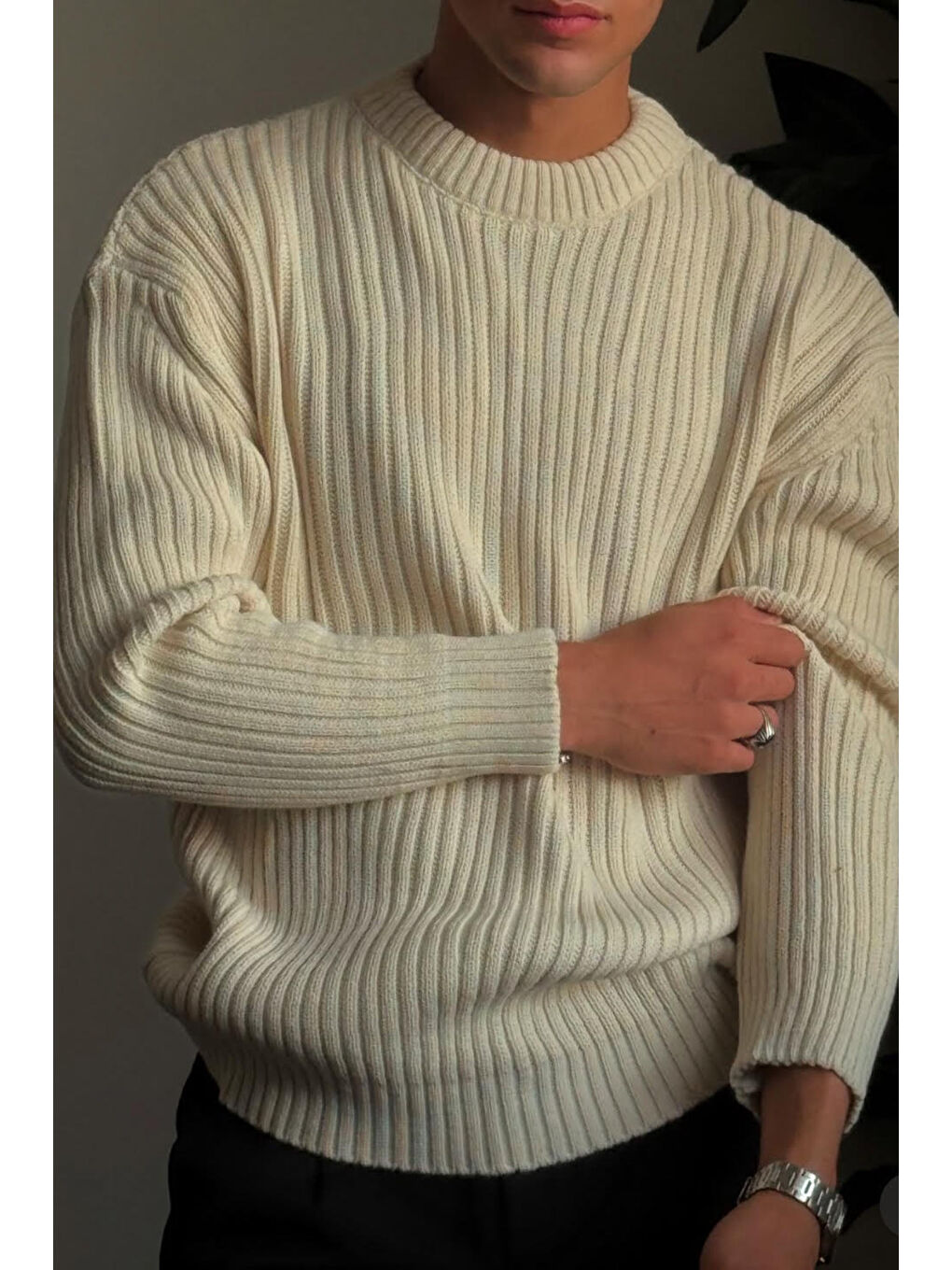 Bej Erkek Taş Fitilli Örme Regular Triko Kazak