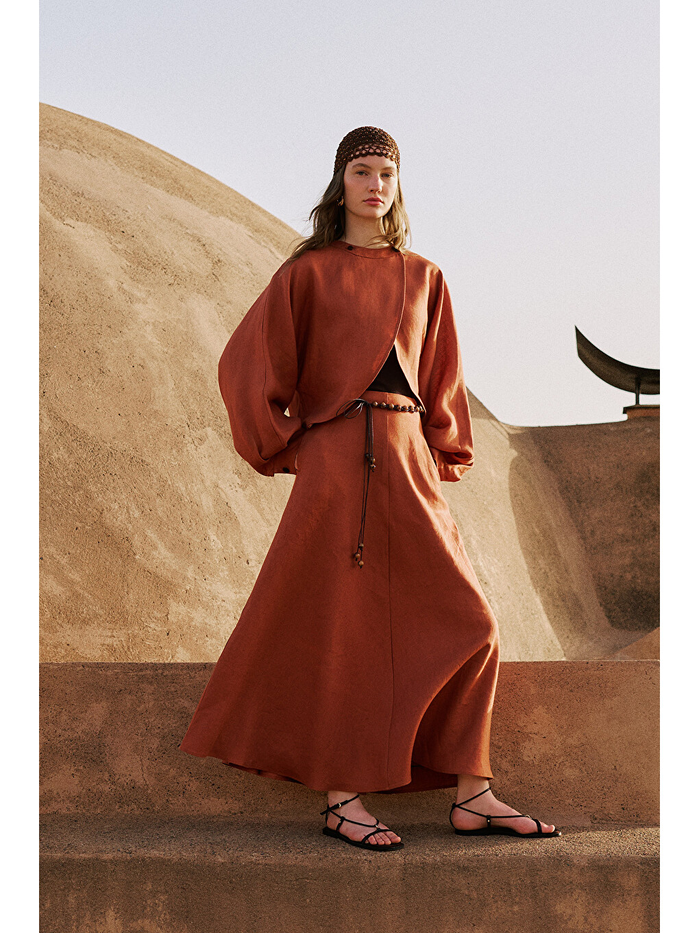 Kahverengi Keten Volanlı Etek Tarçın