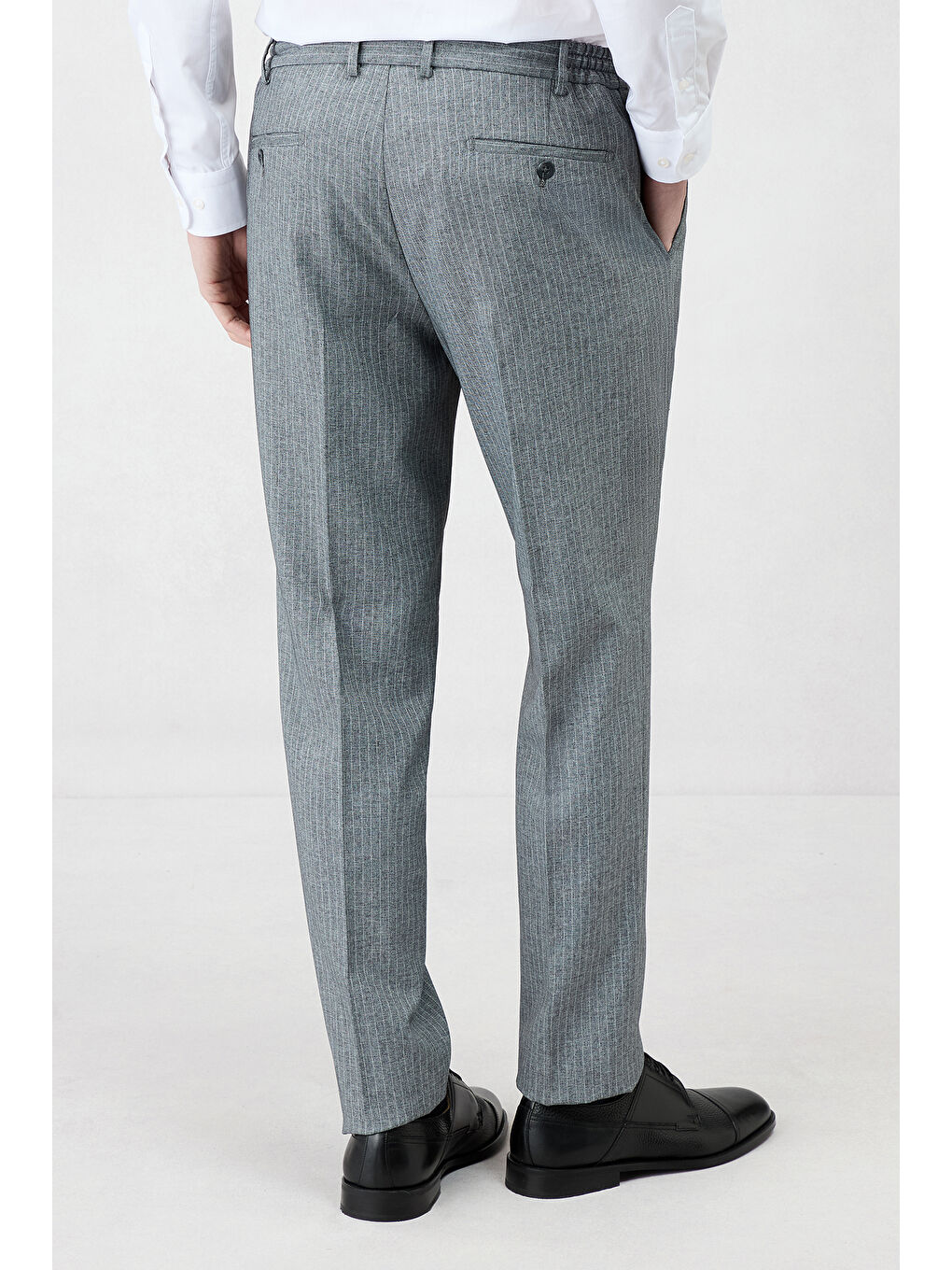 Gri 7 Drop Super Slim Fit Eksra Dar Kesim Sivri Yaka Beli Lastikli İpli Çizgili Kruvaze Takım Elbise-8