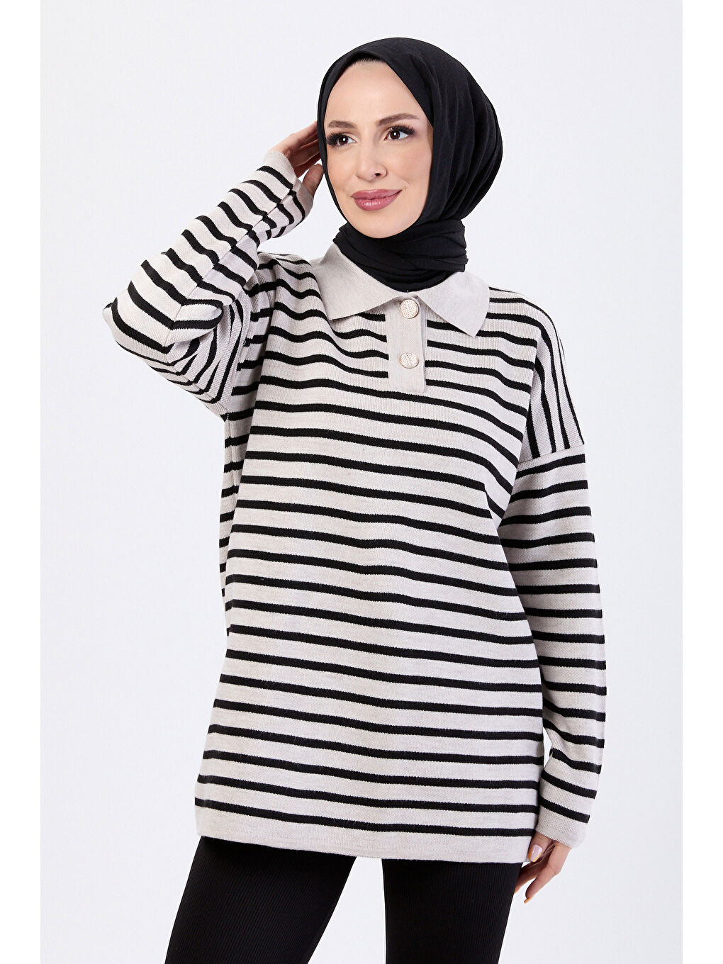 Bej Çift Düğmeli Çizgili Triko Kazak Tas - 27628