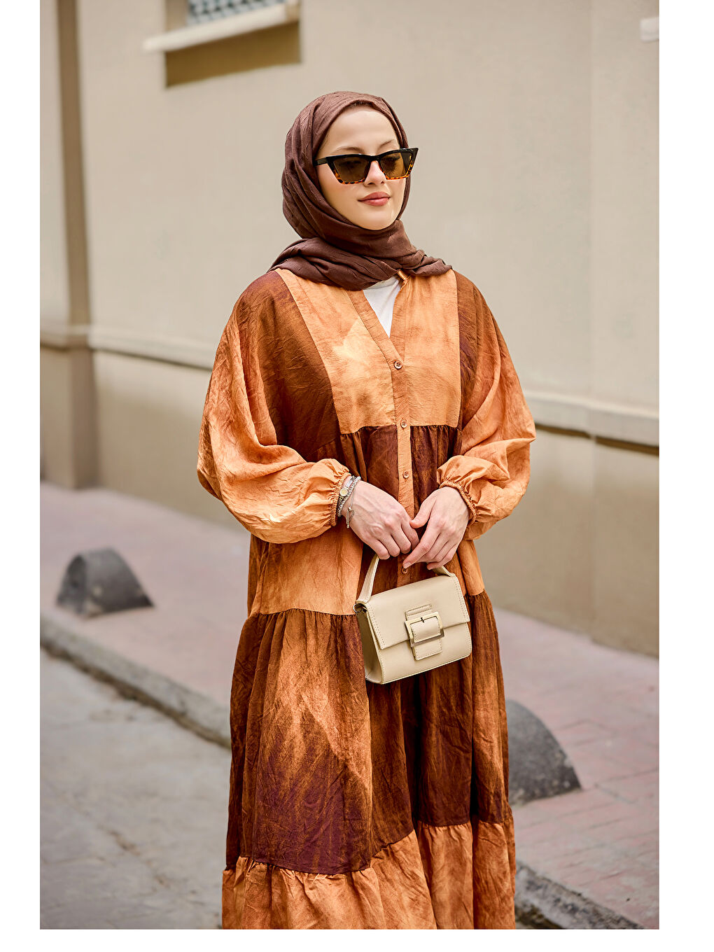 Kadın Tonsürton Desen Elbise Kahverengi-2