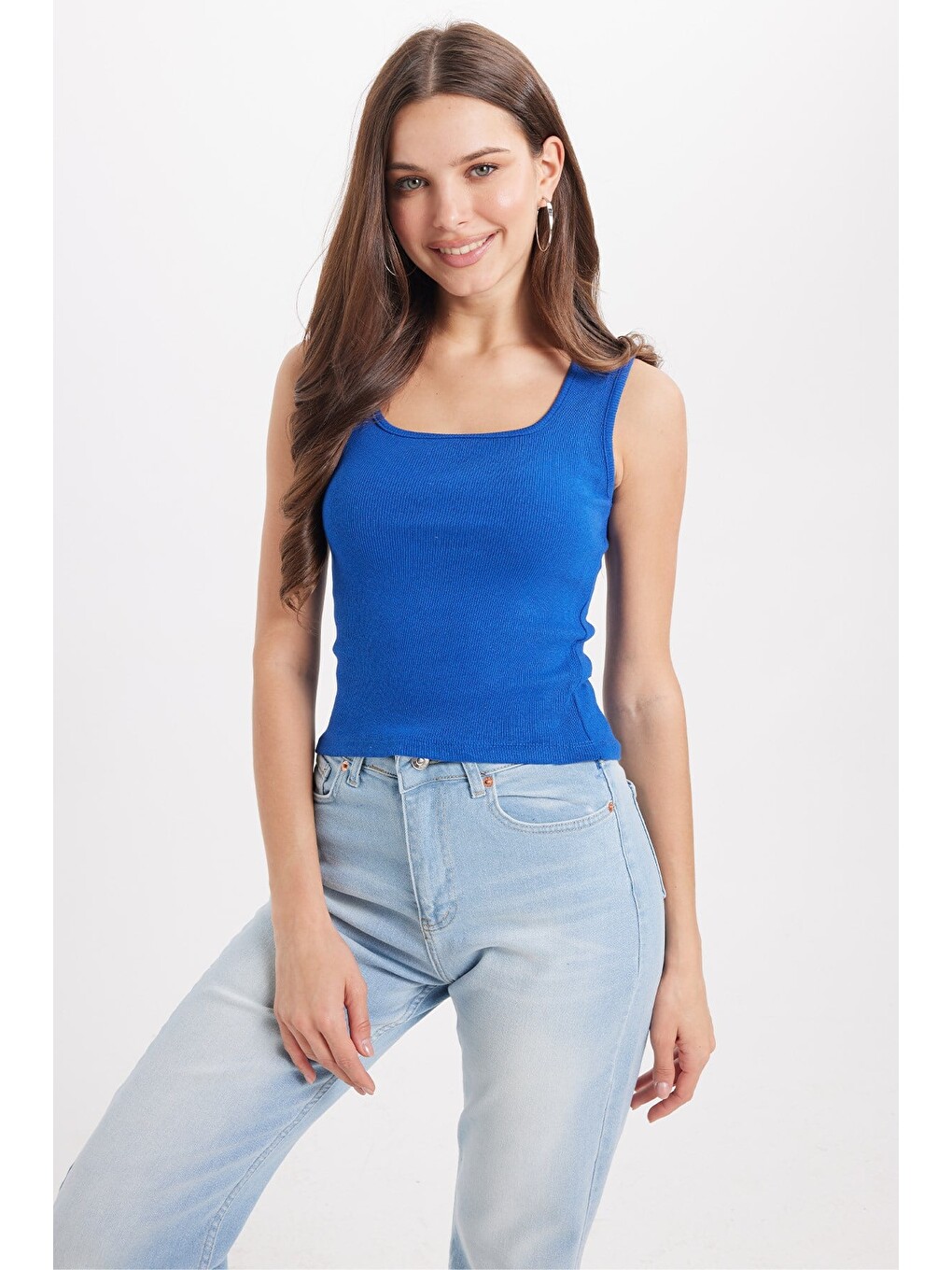 Kadın Slim Fit Dar Kesim Askılı Kare Yaka Pamuklu Saks Mavi Crop Atlet-7