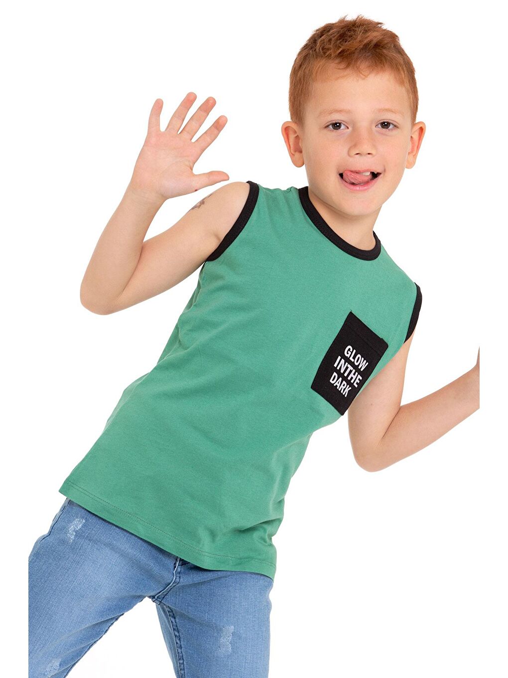 Sıfır Kol Baskılı Çağla Yeşil Renk Erkek Çocuk Tshirt-1