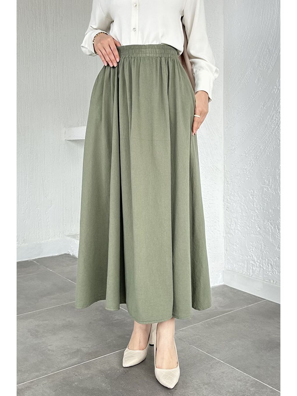 Haki Bel Lastikli Cepli Tesettür Etek-3