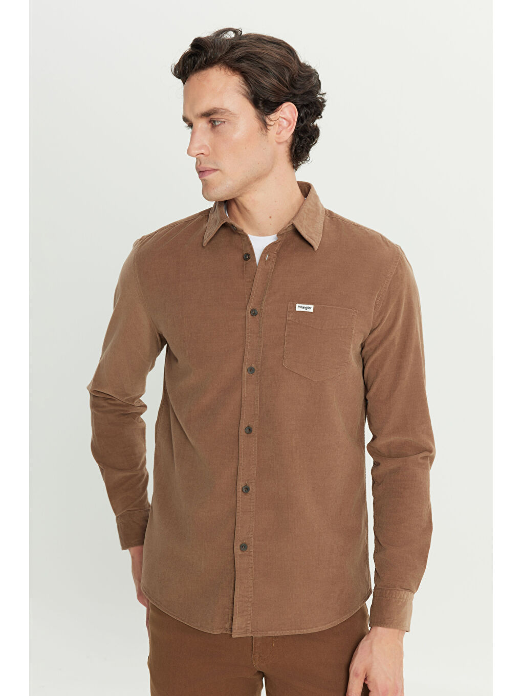 Kahverengi Regular Fit Normal Kesim Cep Detaylı Deve Tüyü Rengi Kadife Gömlek-1