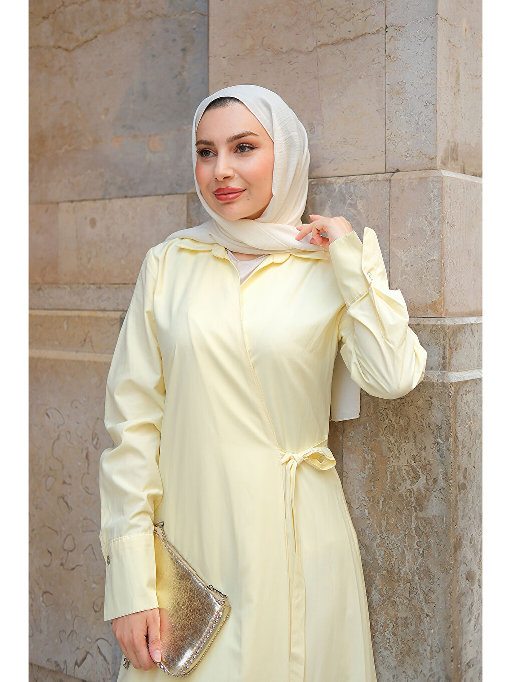 Kadın Poplin Yan Bağlamalı Elbise Sarı-1