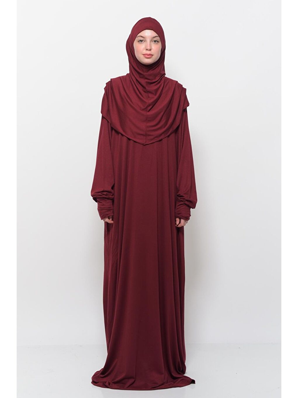 Bordo Tek Parça Pamuklu Yarasa Kollu Tak Çıkar Başörtülü Organik Terletmez  Elbise