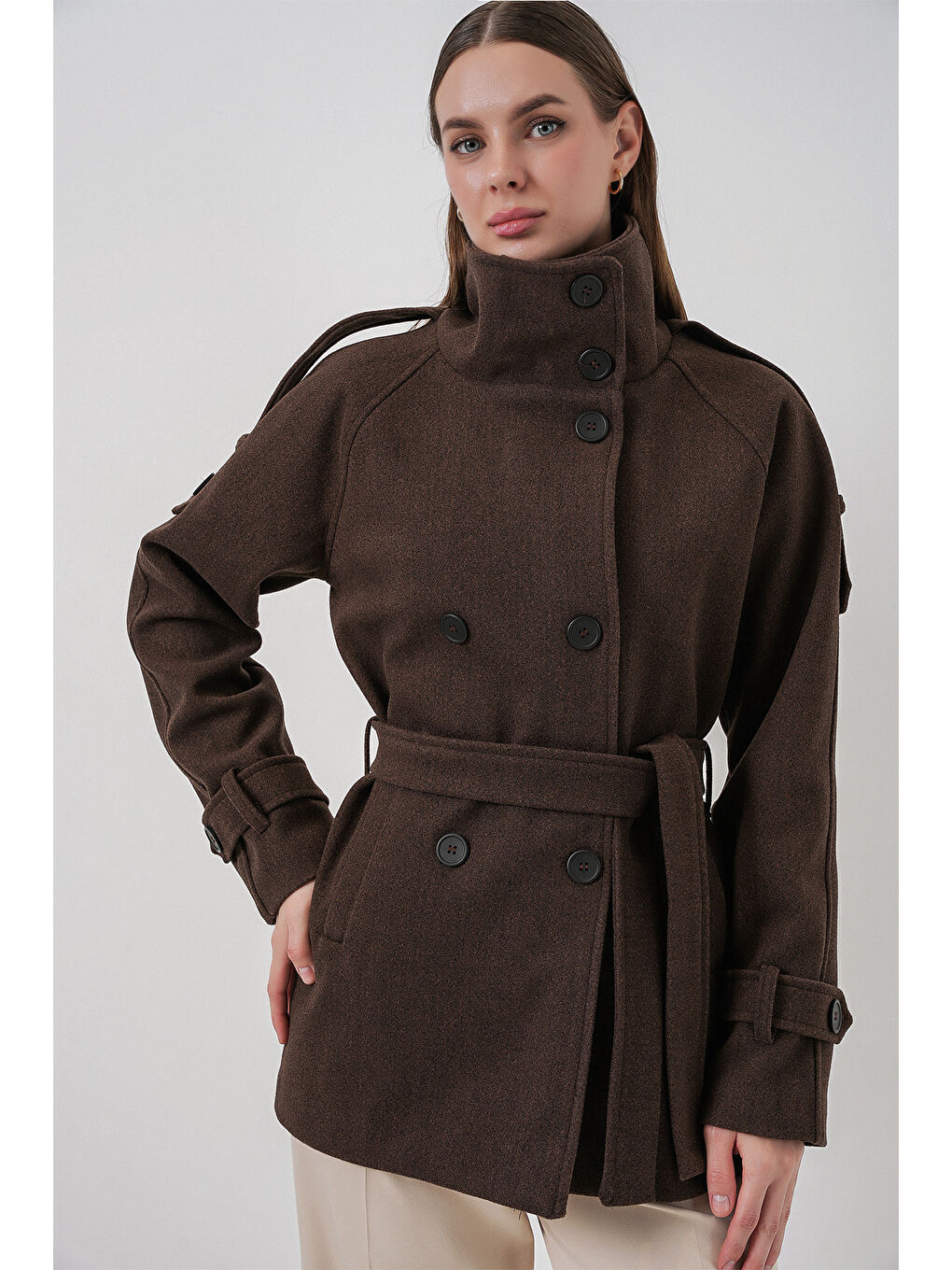 Kahverengi Kadın Kuşaklı Kaşe Kaban 9162 - A.Kahve