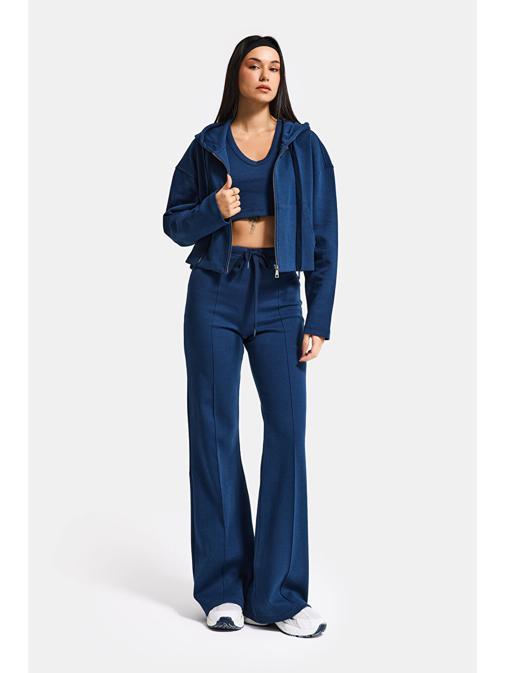 Kadın Lacivert s6-56 Örme Kumaş Flare Eşofman Büstiyer ve Fermuarlı Sweatshirt 3'lü Kombin Takım