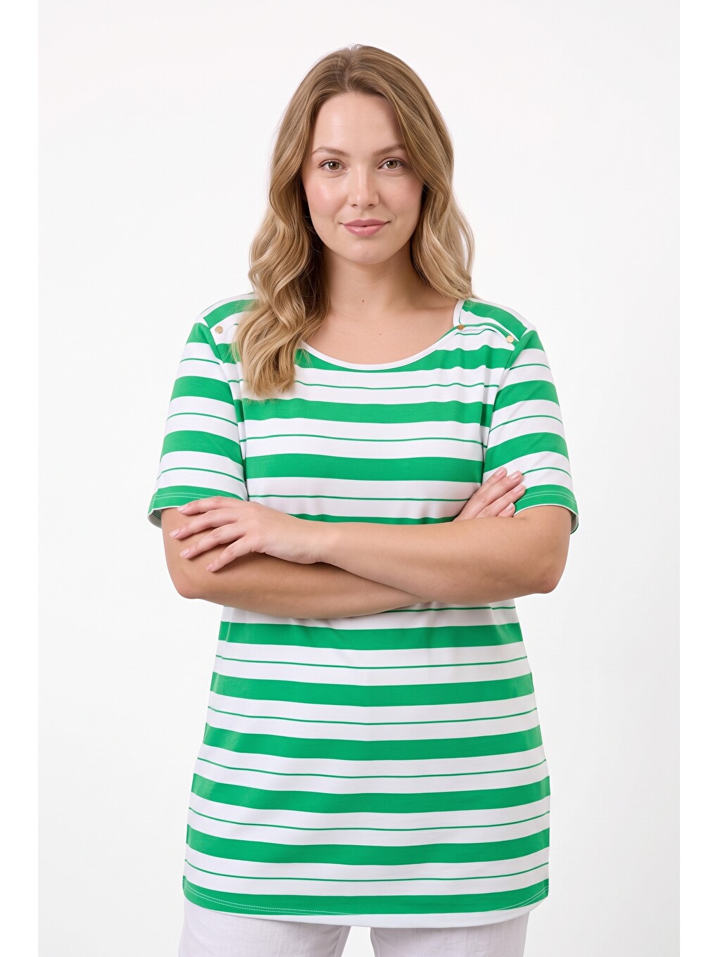Yeşil Çizgili Omuz Detaylı Tunik T-shirt-3