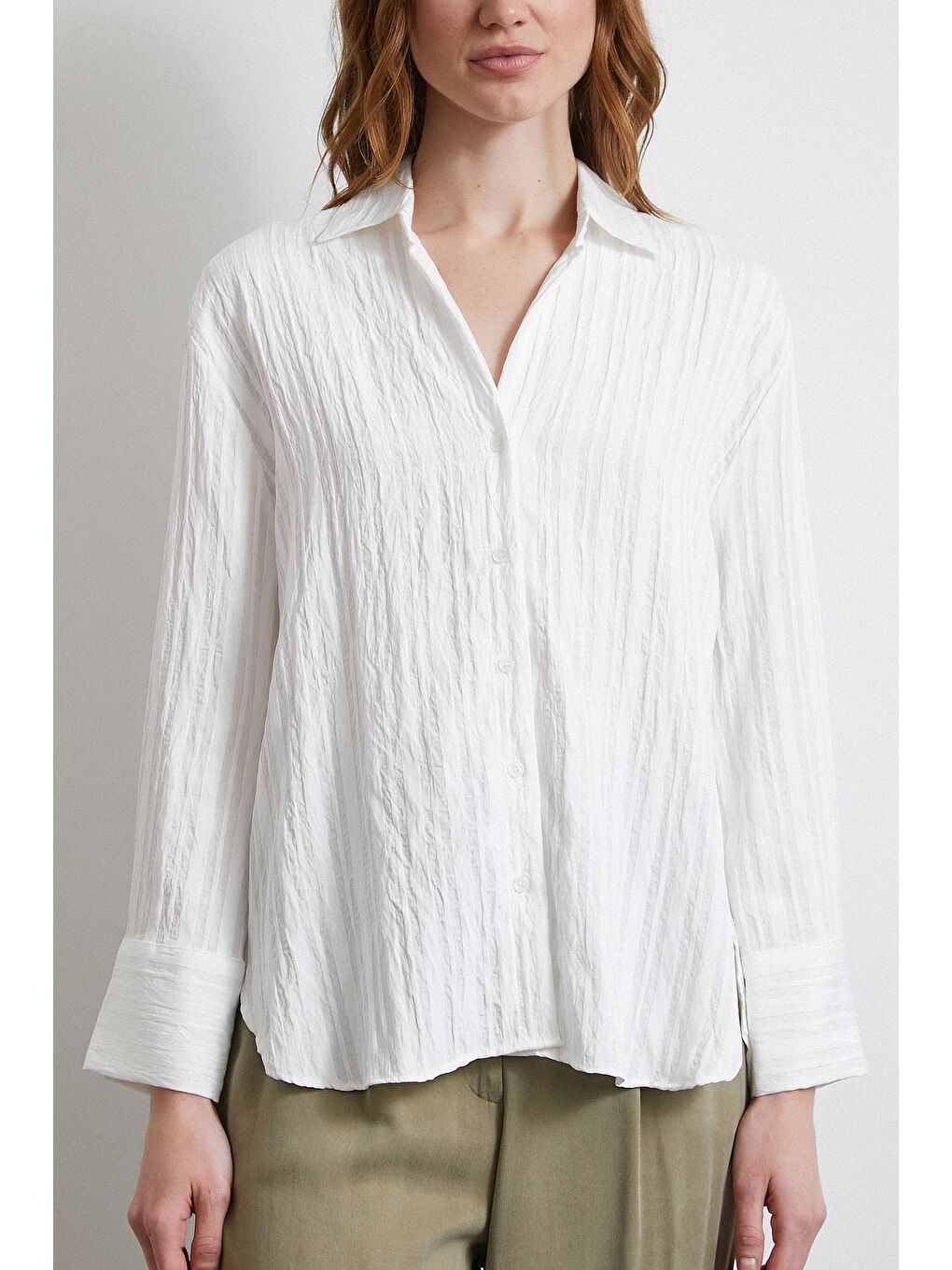 Şerit Dokulu Gömlek Beyaz-1