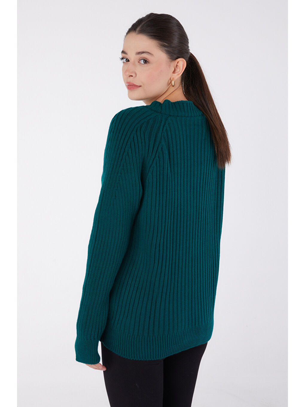 Yeşil Düğmeli Fitilli Triko Hırka Zumrut - 27665-4