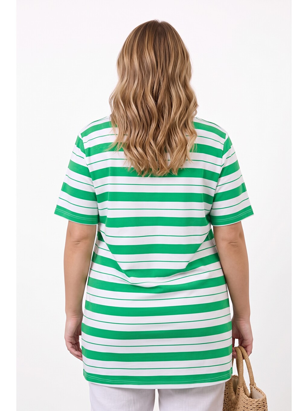 Yeşil Çizgili Omuz Detaylı Tunik T-shirt-5