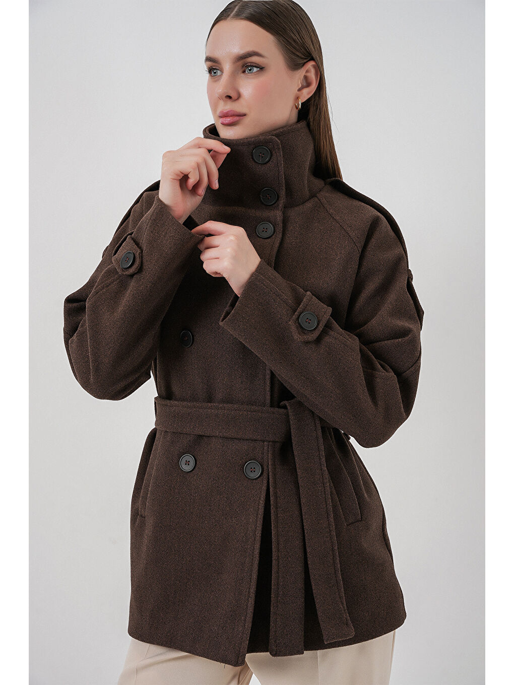 Kahverengi Kadın Kuşaklı Kaşe Kaban 9162 - A.Kahve-1