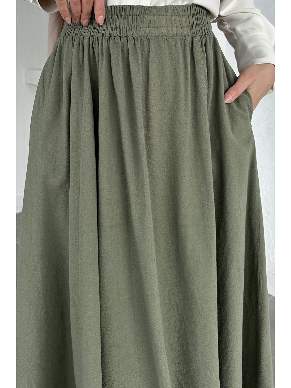 Haki Bel Lastikli Cepli Tesettür Etek-5