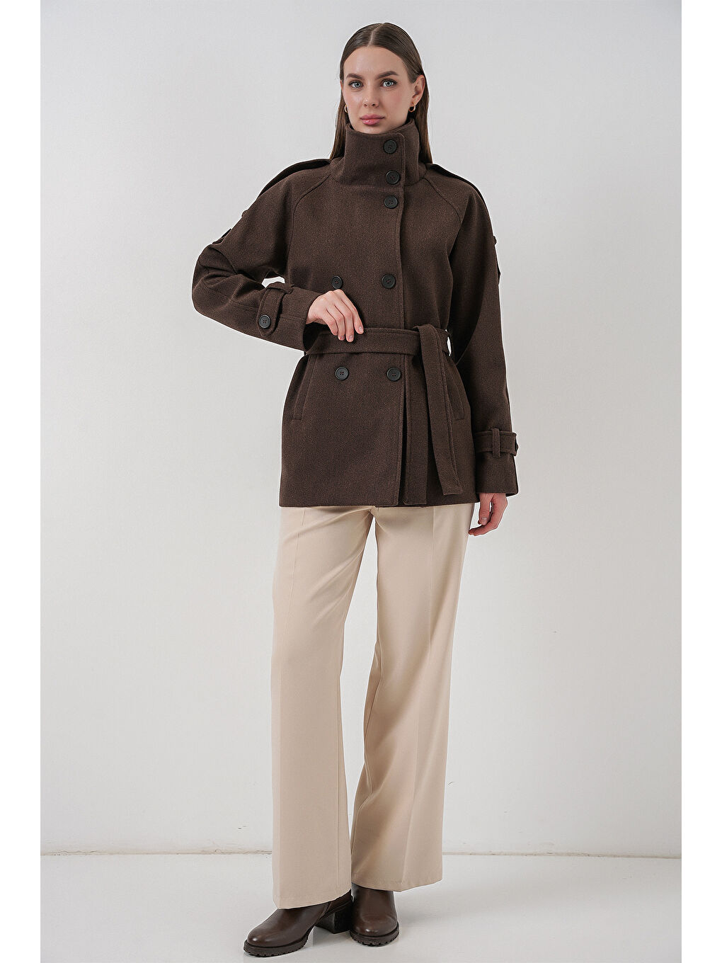 Kahverengi Kadın Kuşaklı Kaşe Kaban 9162 - A.Kahve-2