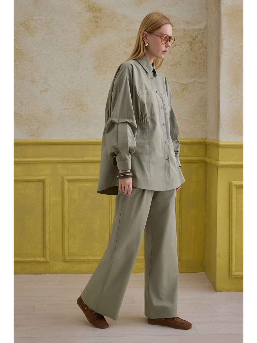 Yeşil %100 Pamuk Kol Detaylı Gömlek Adaçayı