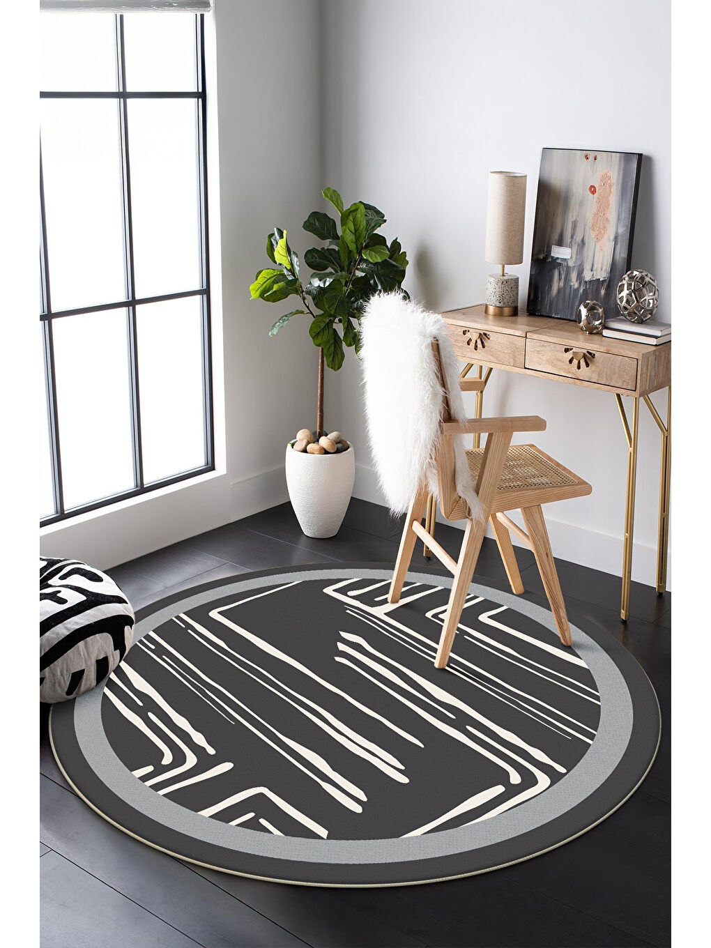 Gri Dekoratif Salon Halısı, Makinada Yıkanabilir, Kaymaz Taban, İnce & Modern Tasarım-2