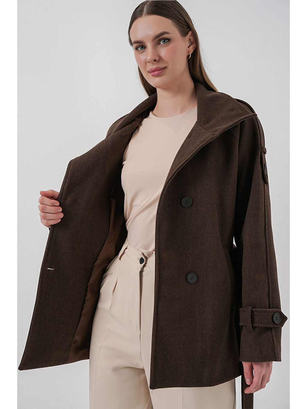 Kahverengi Kadın Kuşaklı Kaşe Kaban 9162 - A.Kahve-3