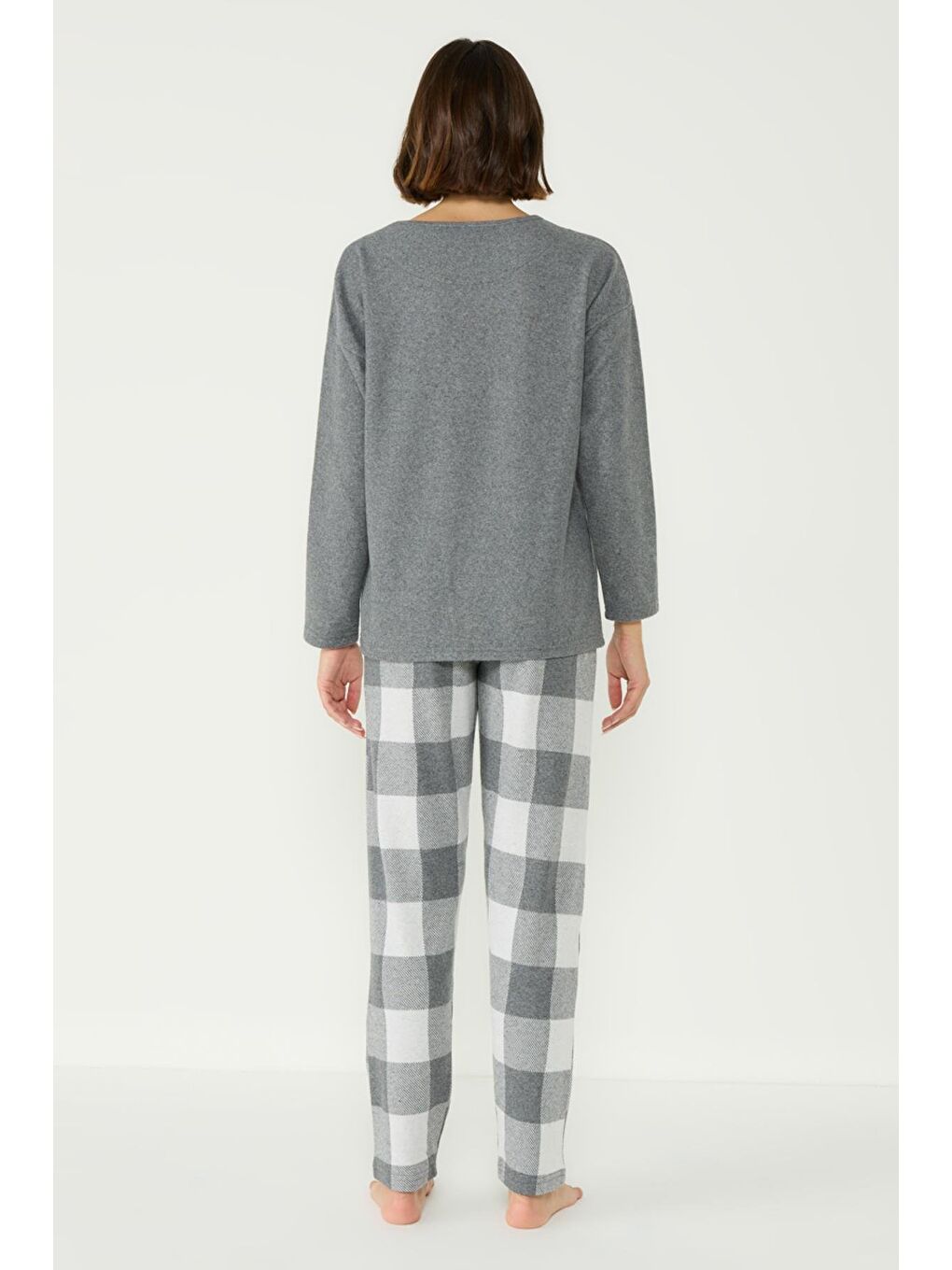 Jakarlı Bisiklet Yaka Düşük Omuz Uzun Kol Cepli Pijama Takım 402026 Gri-5
