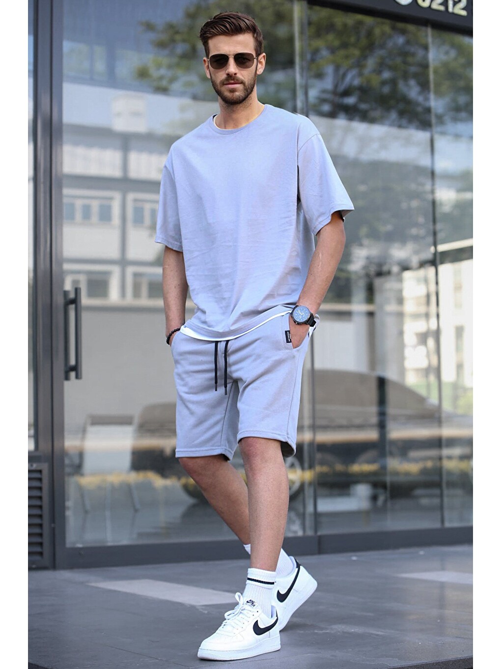 Boyalı Gri Oversize Erkek Şort Takımı 5668