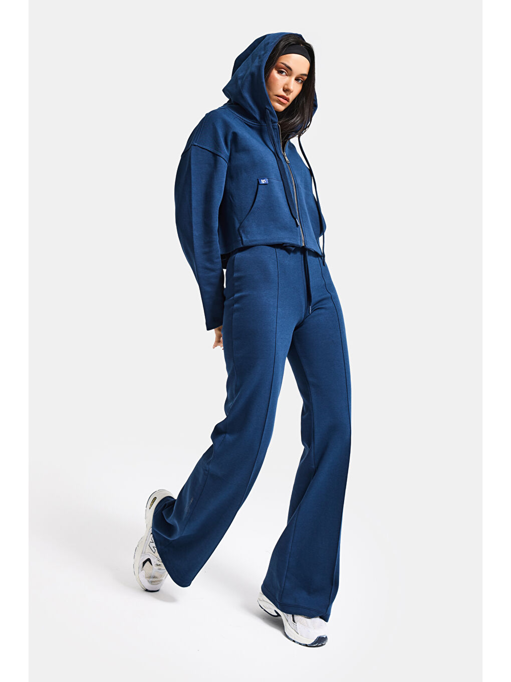 Kadın Lacivert s6-56 Örme Kumaş Flare Eşofman Büstiyer ve Fermuarlı Sweatshirt 3'lü Kombin Takım-1