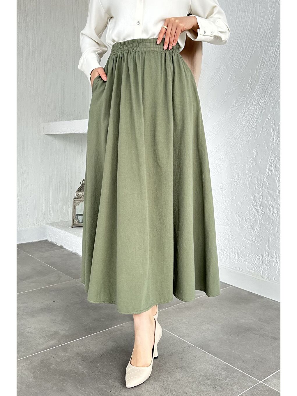 Haki Bel Lastikli Cepli Tesettür Etek-7