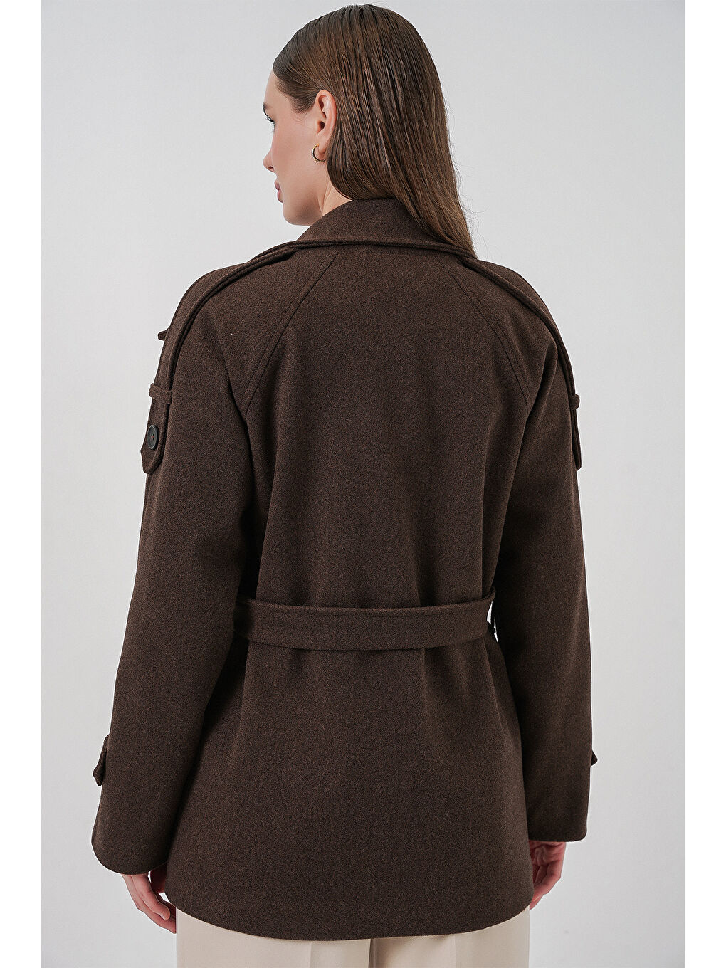 Kahverengi Kadın Kuşaklı Kaşe Kaban 9162 - A.Kahve-5