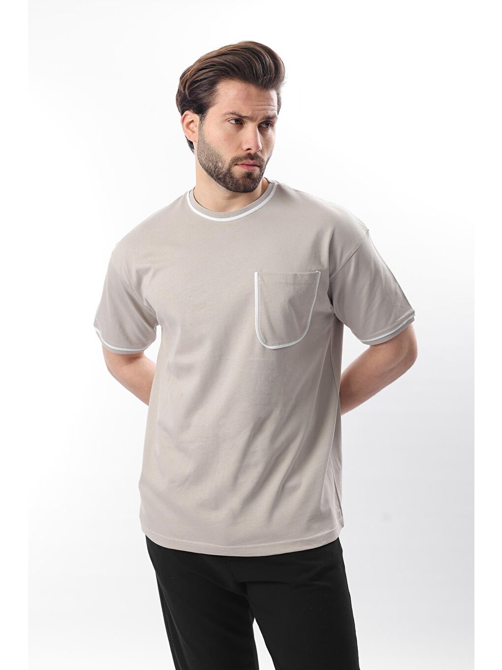 Boyalı Gri Cep Detaylı Erkek %100 Pamuk Tişört 6176-1