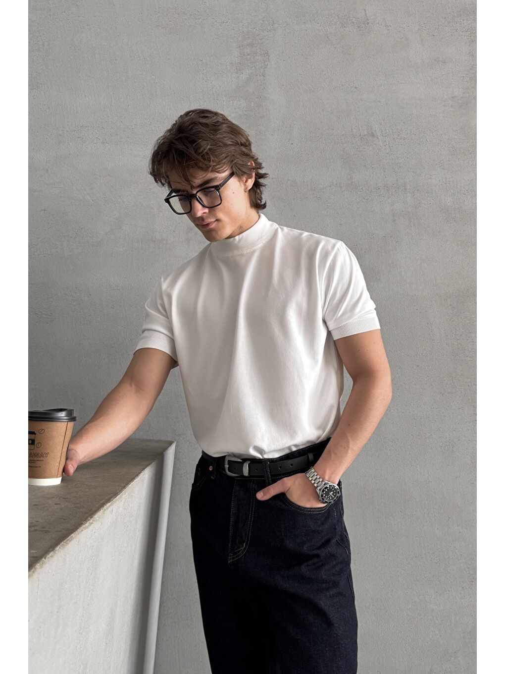 Beyaz Erkek Oversize Yarım Balıkçı Triko T-shirt-2