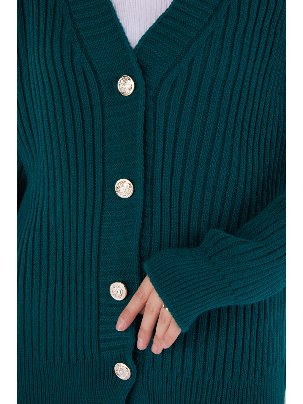 Yeşil Düğmeli Fitilli Triko Hırka Zumrut - 27665-5