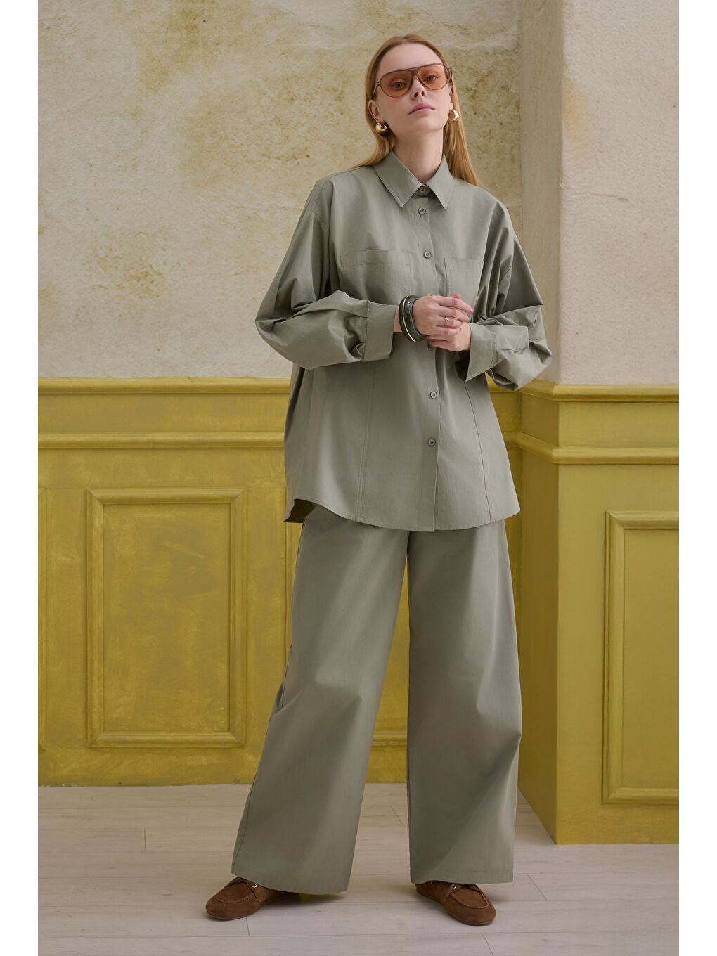 Yeşil %100 Pamuk Kol Detaylı Gömlek Adaçayı-1