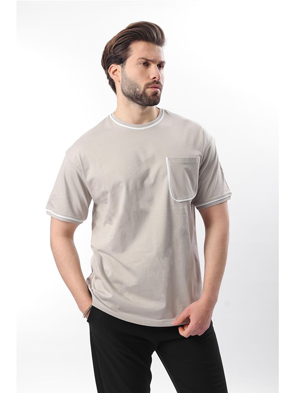 Boyalı Gri Cep Detaylı Erkek %100 Pamuk Tişört 6176-3