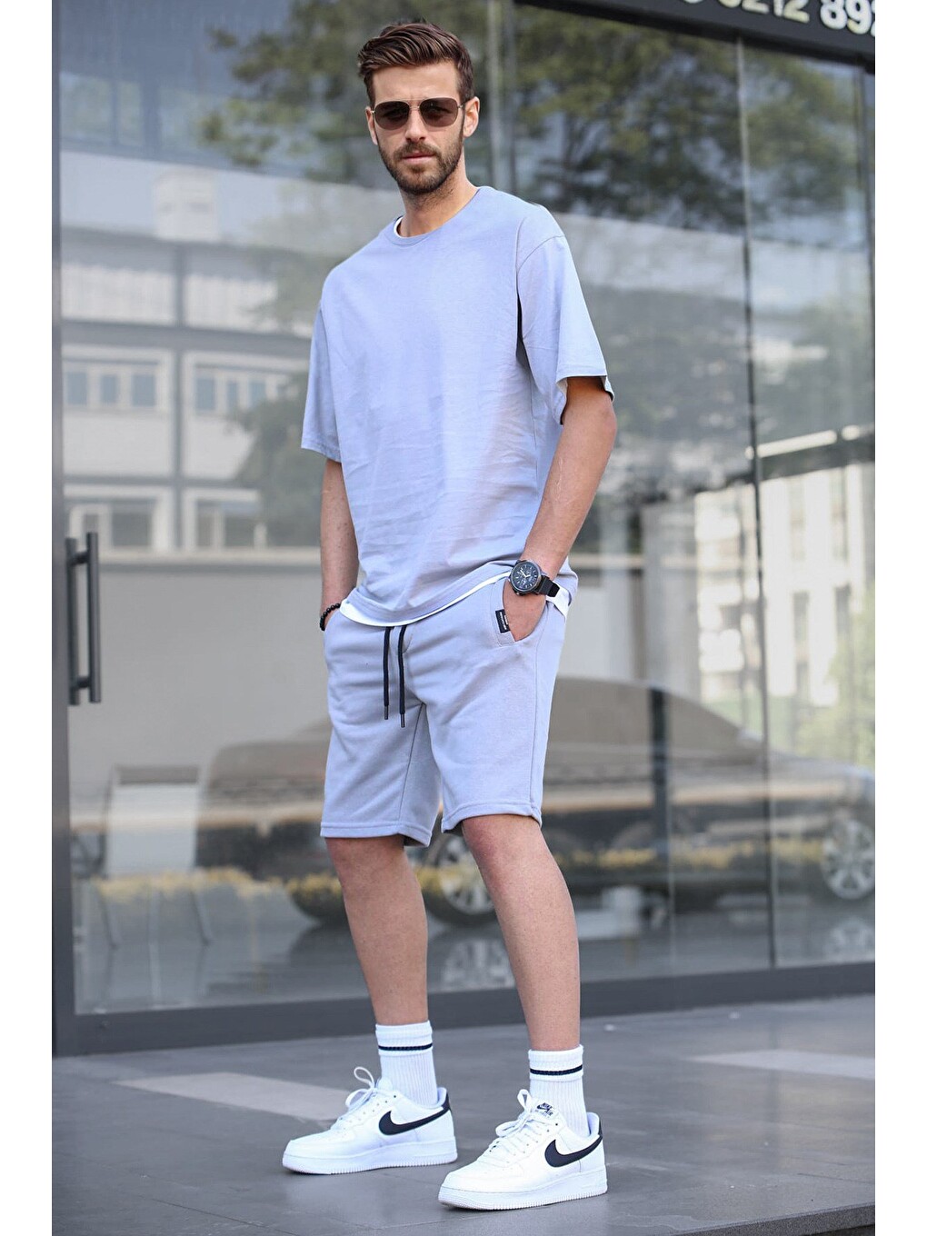 Boyalı Gri Oversize Erkek Şort Takımı 5668-1