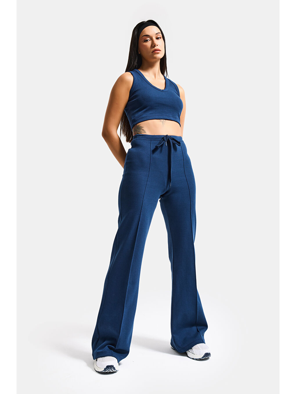 Kadın Lacivert s6-56 Örme Kumaş Flare Eşofman Büstiyer ve Fermuarlı Sweatshirt 3'lü Kombin Takım-2