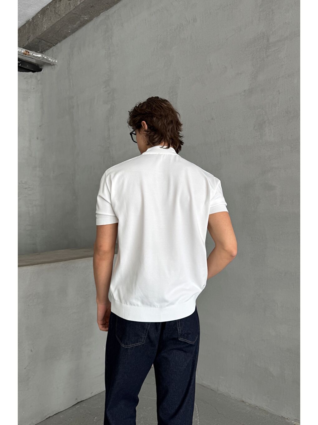 Beyaz Erkek Oversize Yarım Balıkçı Triko T-shirt-4