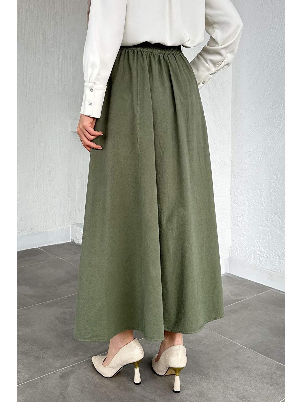 Haki Bel Lastikli Cepli Tesettür Etek-9