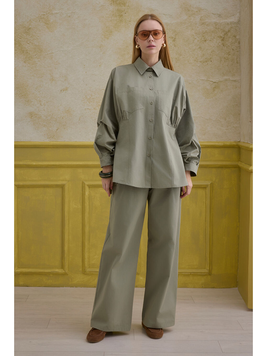 Yeşil %100 Pamuk Kol Detaylı Gömlek Adaçayı-2