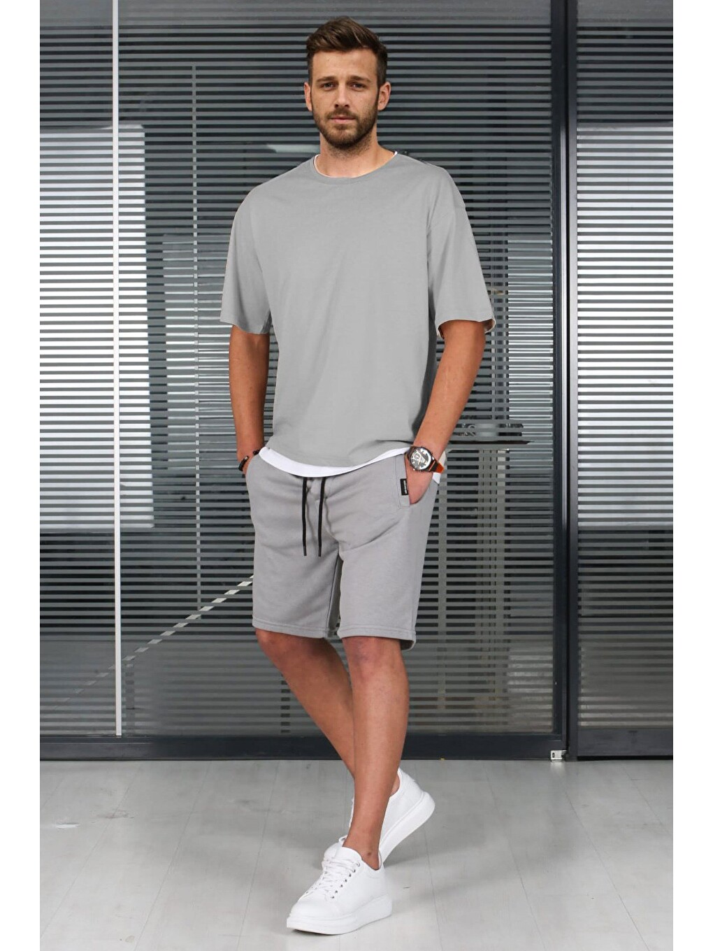 Boyalı Gri Oversize Erkek Şort Takımı 5668-2