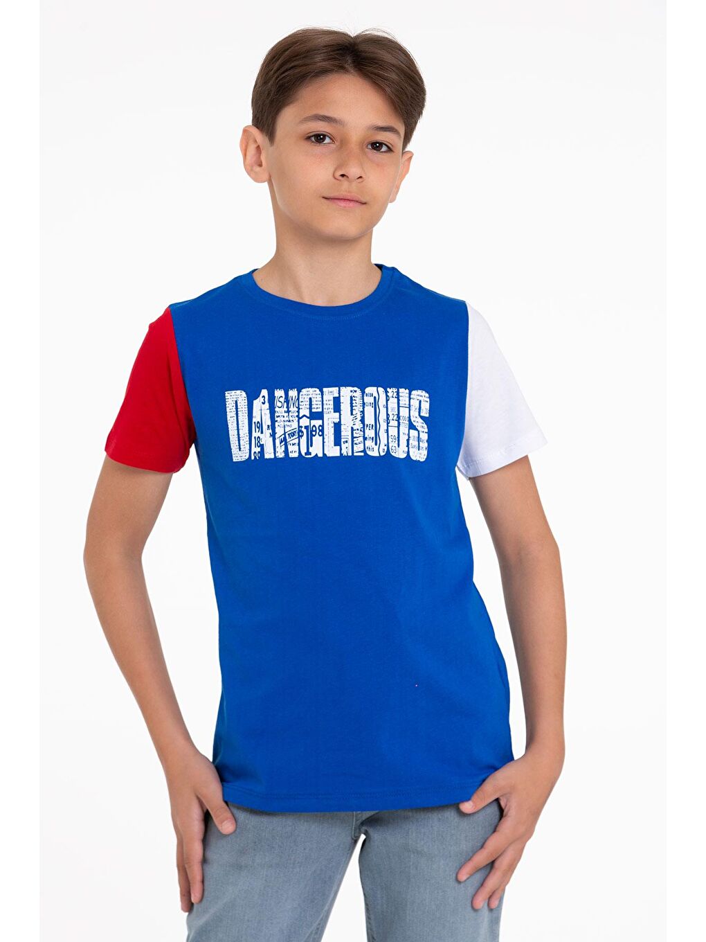 Mavi Kısa Kol Saks Renk Erkek Çocuk Tshirt