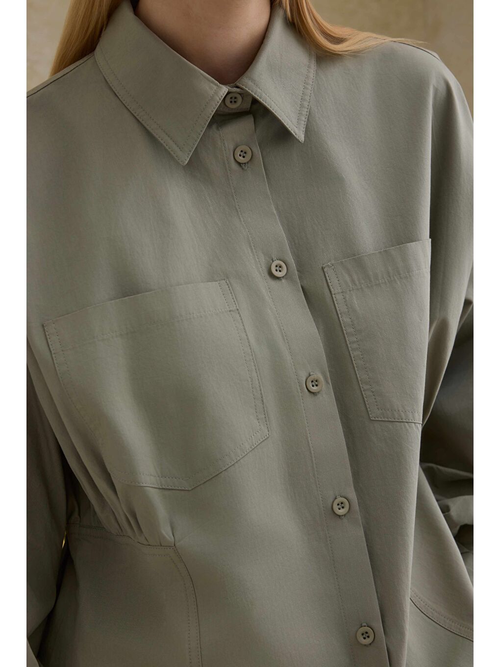 Yeşil %100 Pamuk Kol Detaylı Gömlek Adaçayı-3