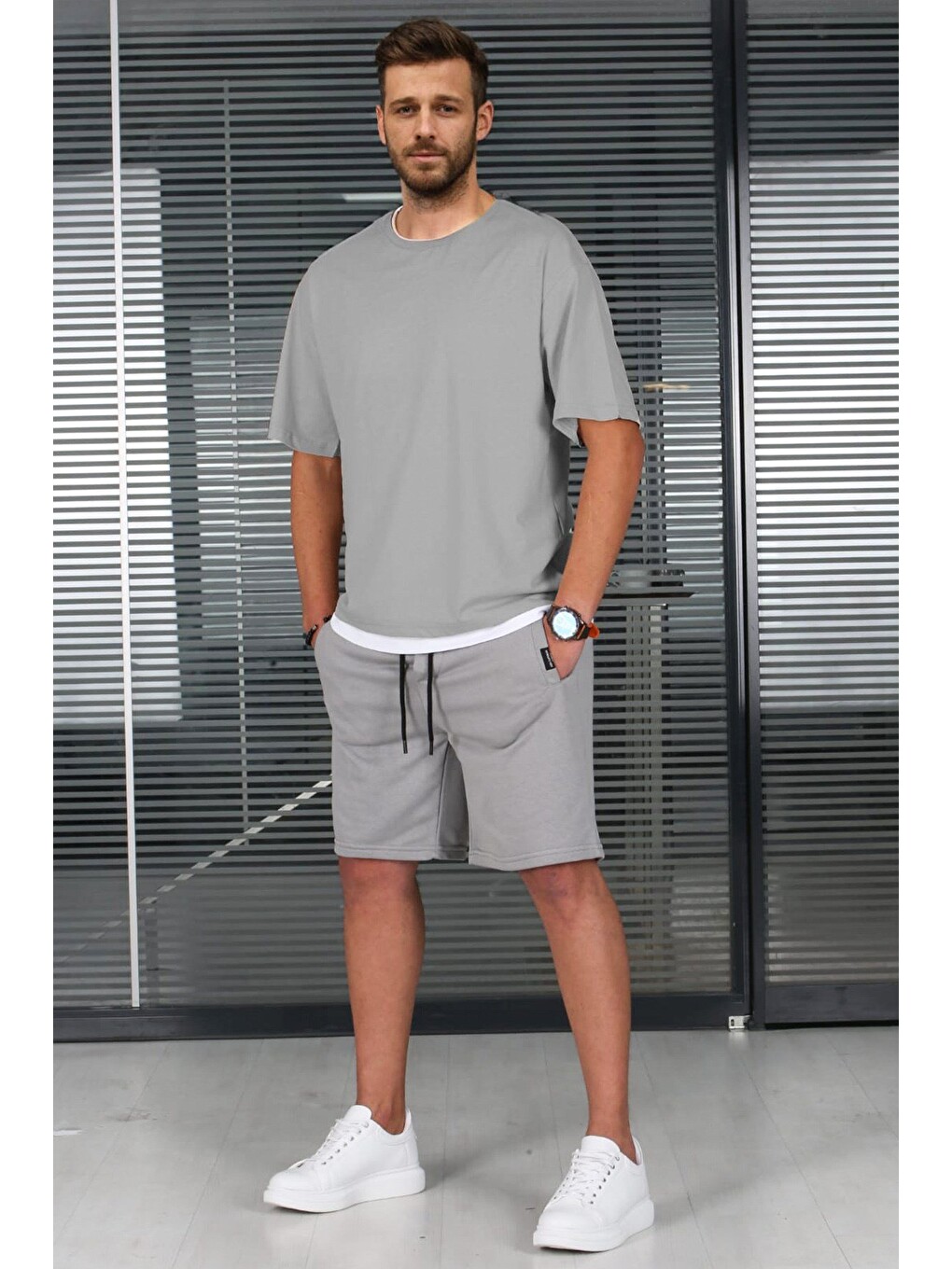 Boyalı Gri Oversize Erkek Şort Takımı 5668-3