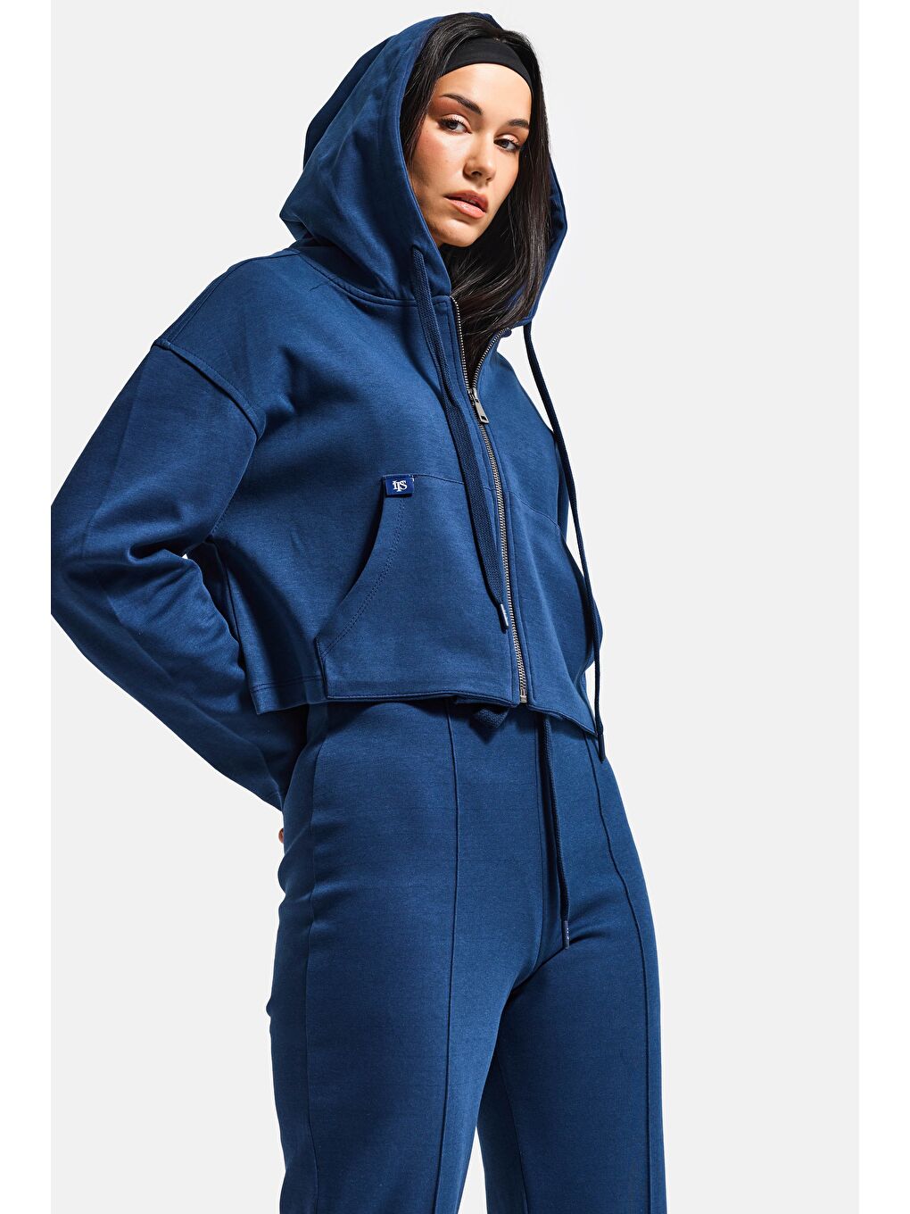 Kadın Lacivert s6-56 Örme Kumaş Flare Eşofman Büstiyer ve Fermuarlı Sweatshirt 3'lü Kombin Takım-3